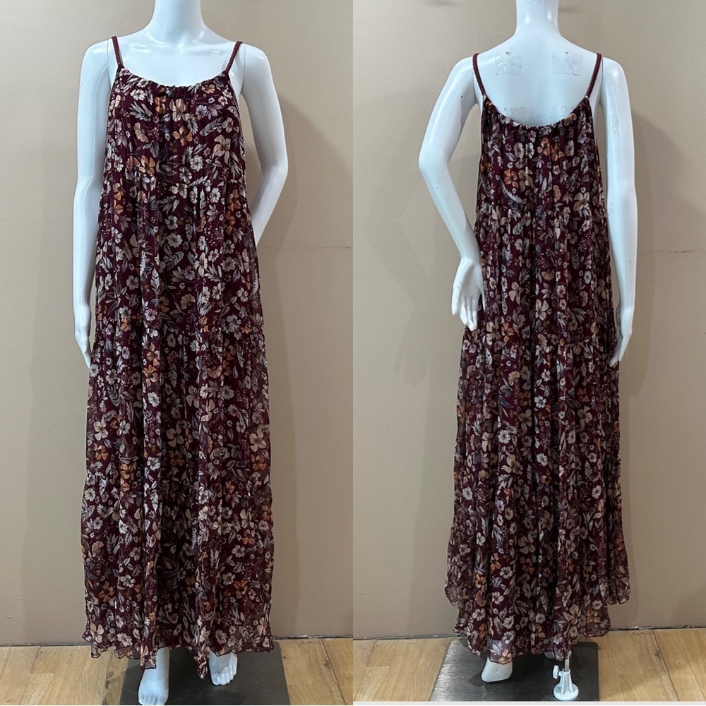 Elena Baldi Women’s M Tiered Maxi Dress Silk Red Maroon Floral Printed Coastal